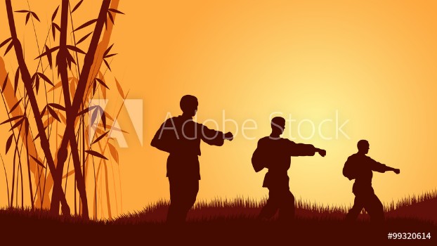 Picture of Three men demonstrate Karate on a background a calling sun